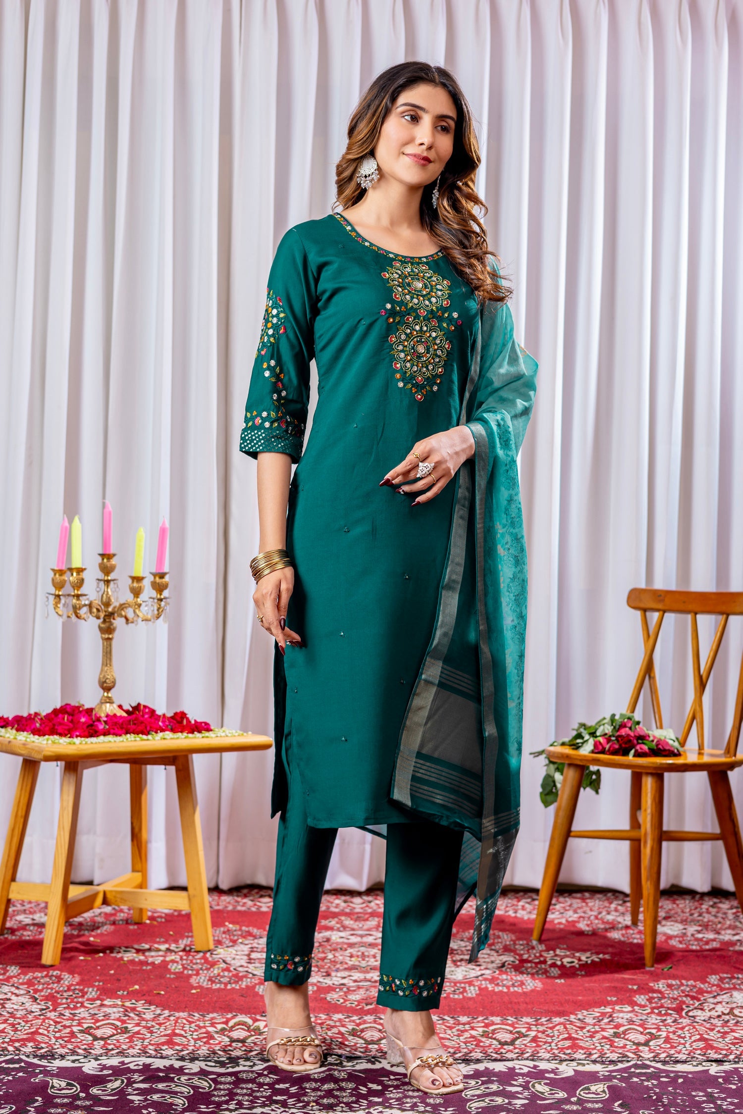 Lorenvalley Fashion Green Viscose Silk Embroidery Thread With Hand Work Kurta Pant Dupatta - Swadesiicart
