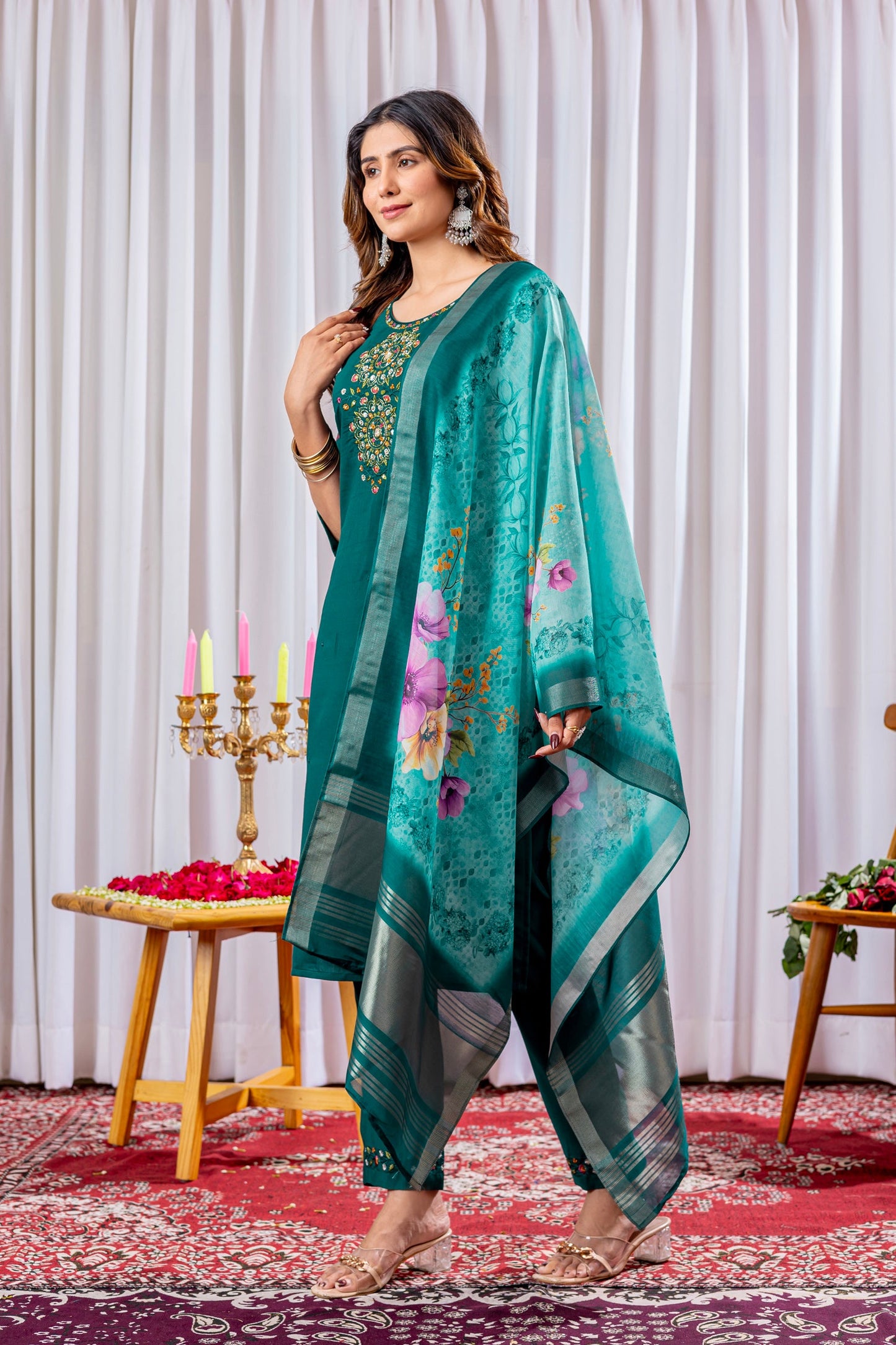 Lorenvalley Fashion Green Viscose Silk Embroidery Thread With Hand Work Kurta Pant Dupatta - Swadesiicart