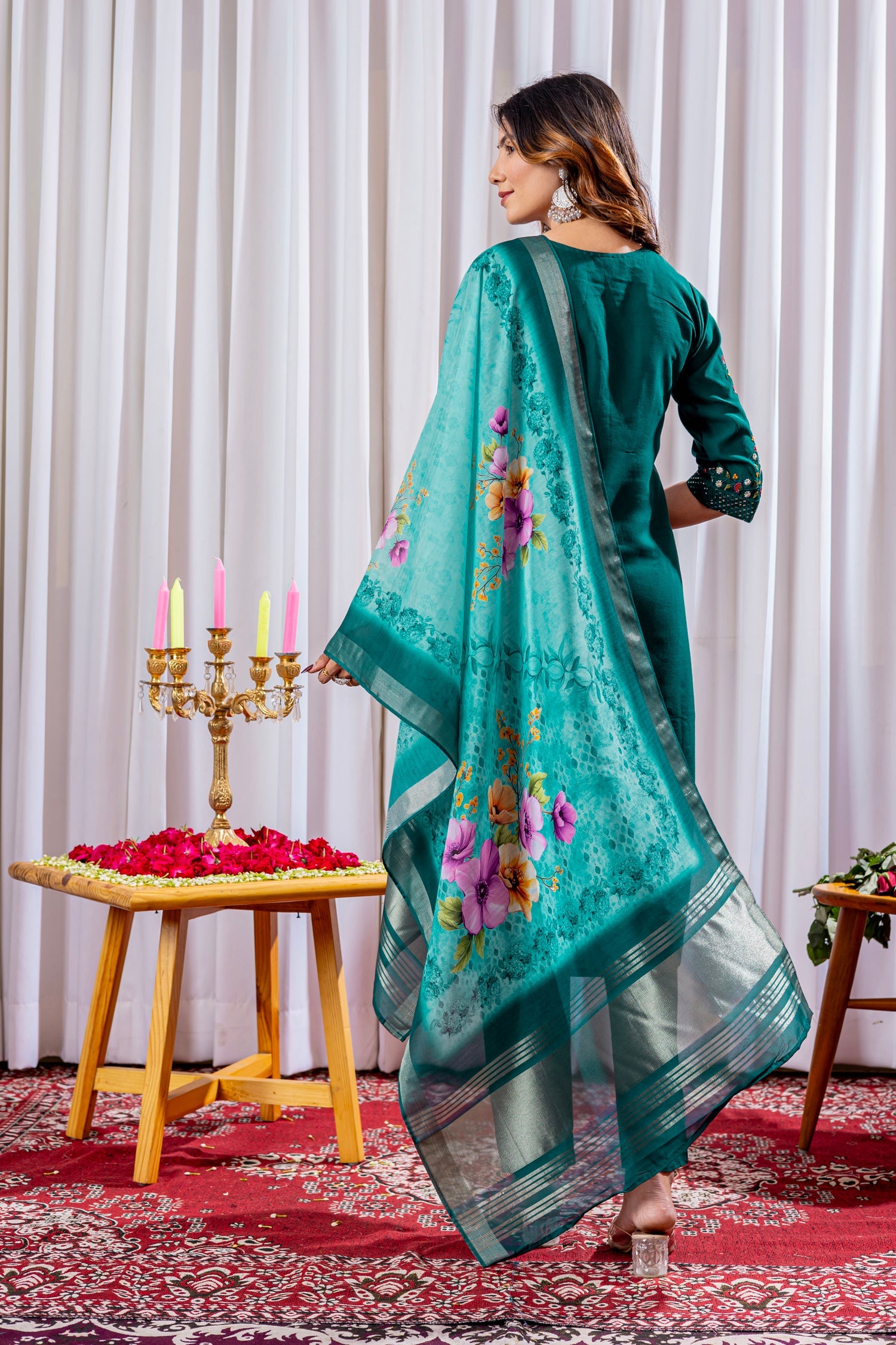 Lorenvalley Fashion Green Viscose Silk Embroidery Thread With Hand Work Kurta Pant Dupatta - Swadesiicart