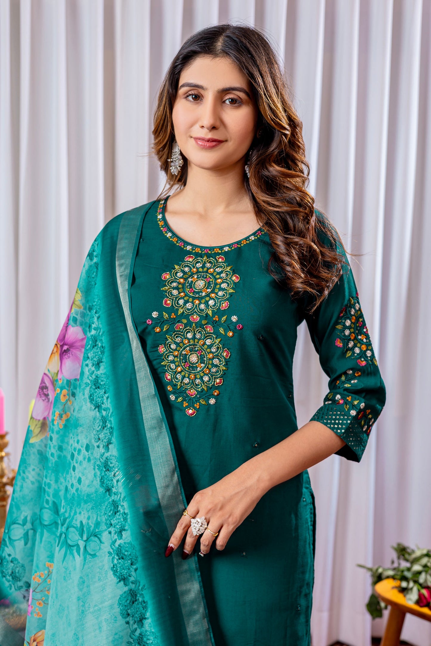 Lorenvalley Fashion Green Viscose Silk Embroidery Thread With Hand Work Kurta Pant Dupatta - Swadesiicart