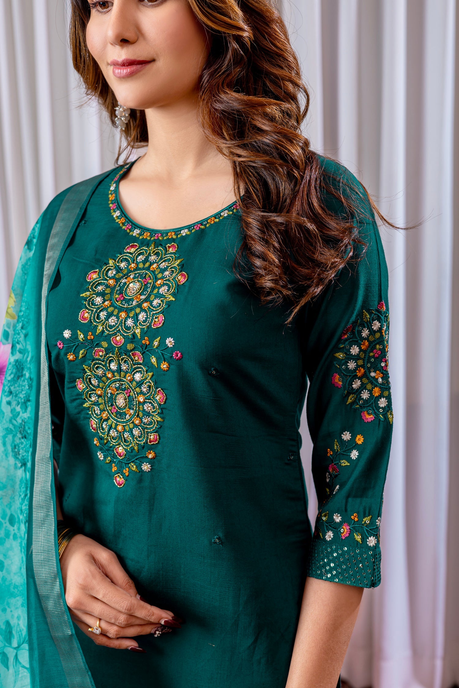Lorenvalley Fashion Green Viscose Silk Embroidery Thread With Hand Work Kurta Pant Dupatta - Swadesiicart