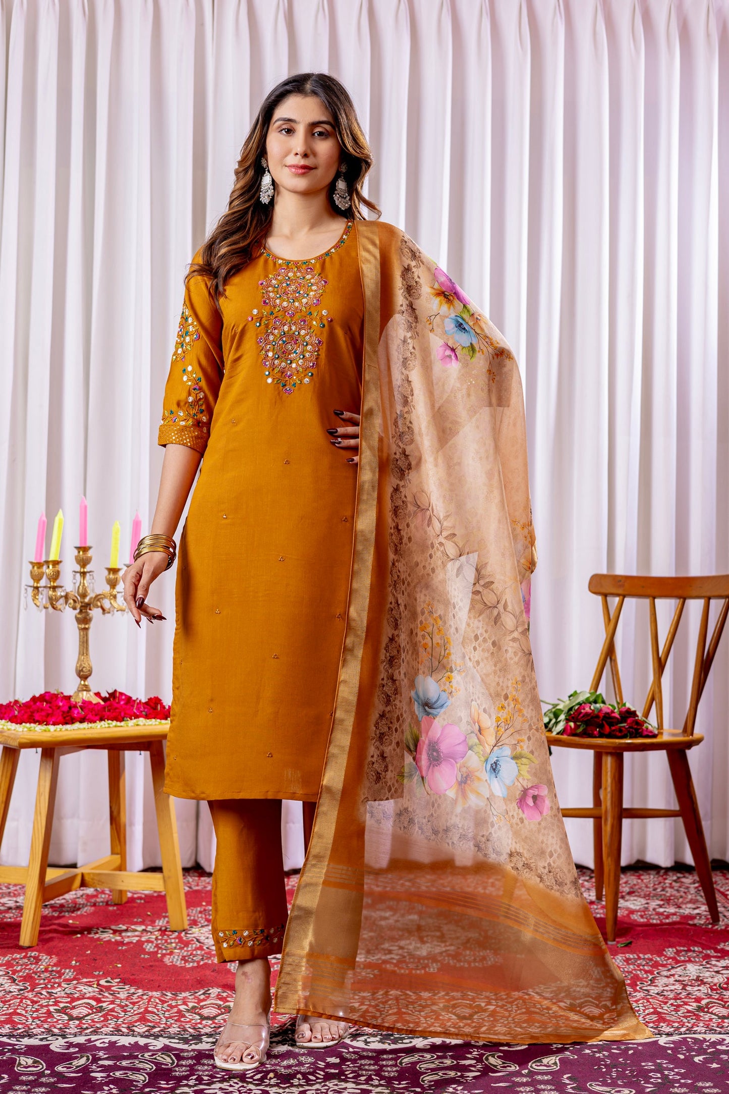 Lorenvalley Fashion Mustard Viscose Silk Embroidery Thread With Hand Work Kurta Pant Dupatta - Swadesiicart