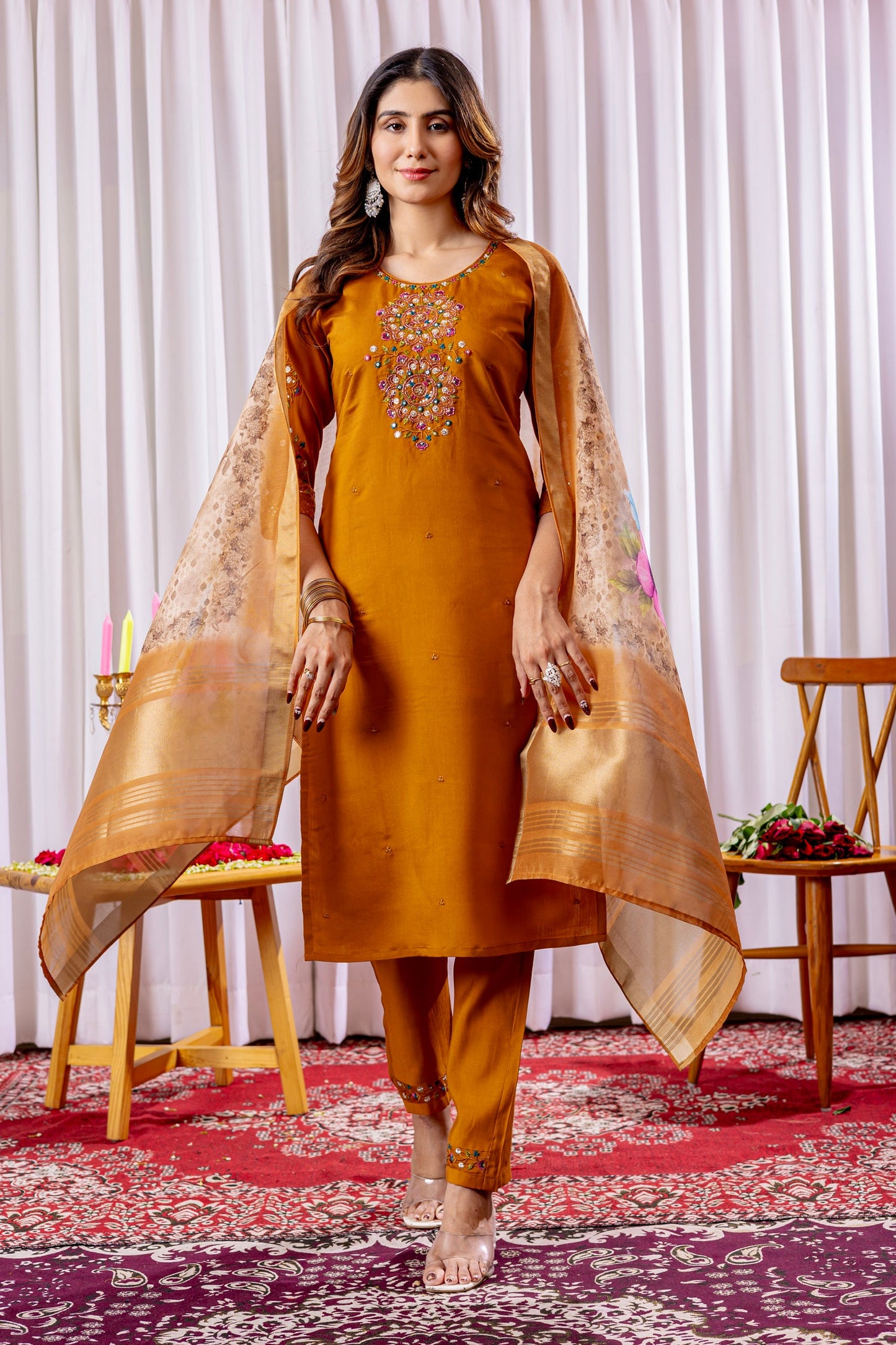 Lorenvalley Fashion Mustard Viscose Silk Embroidery Thread With Hand Work Kurta Pant Dupatta - Swadesiicart