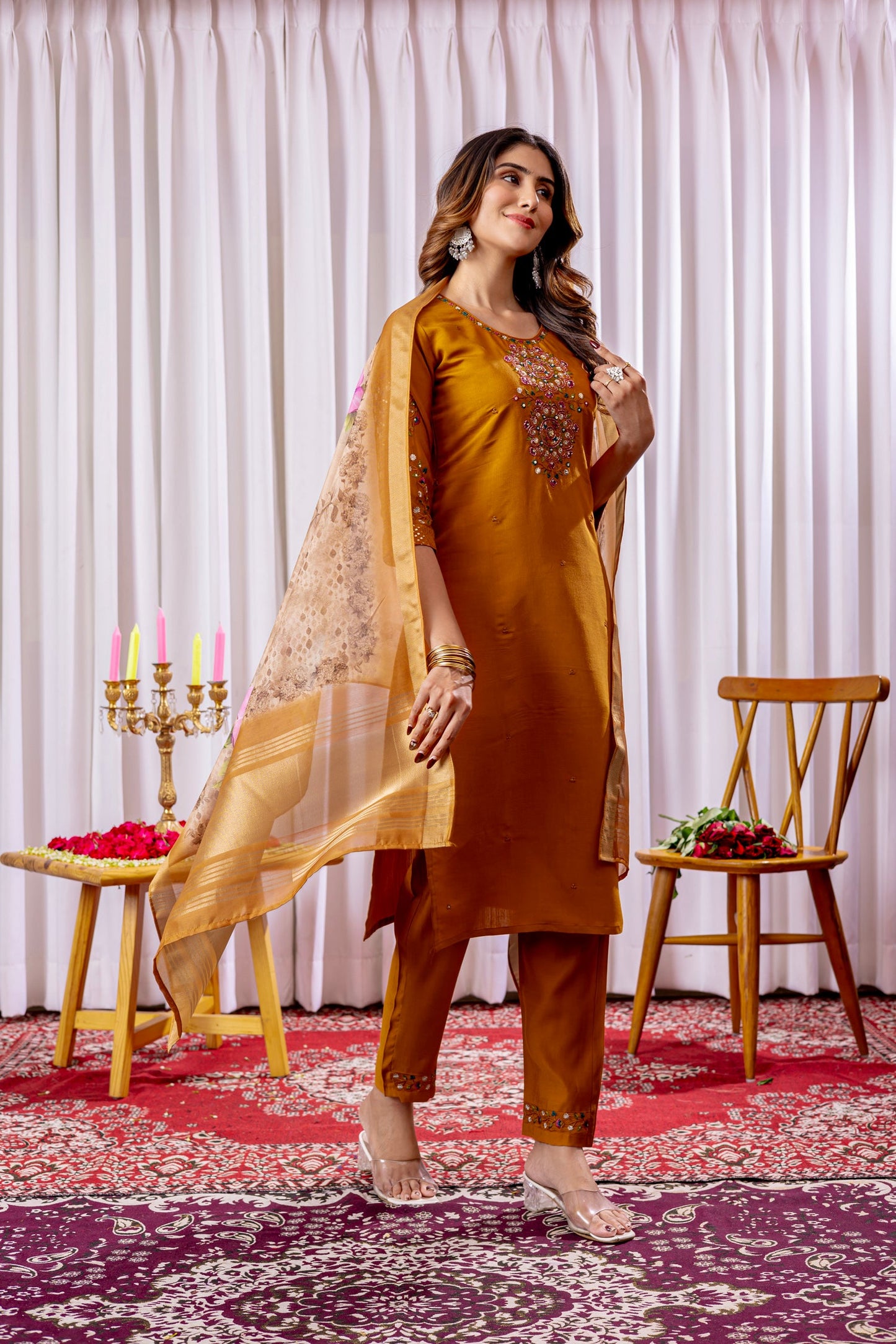 Lorenvalley Fashion Mustard Viscose Silk Embroidery Thread With Hand Work Kurta Pant Dupatta - Swadesiicart