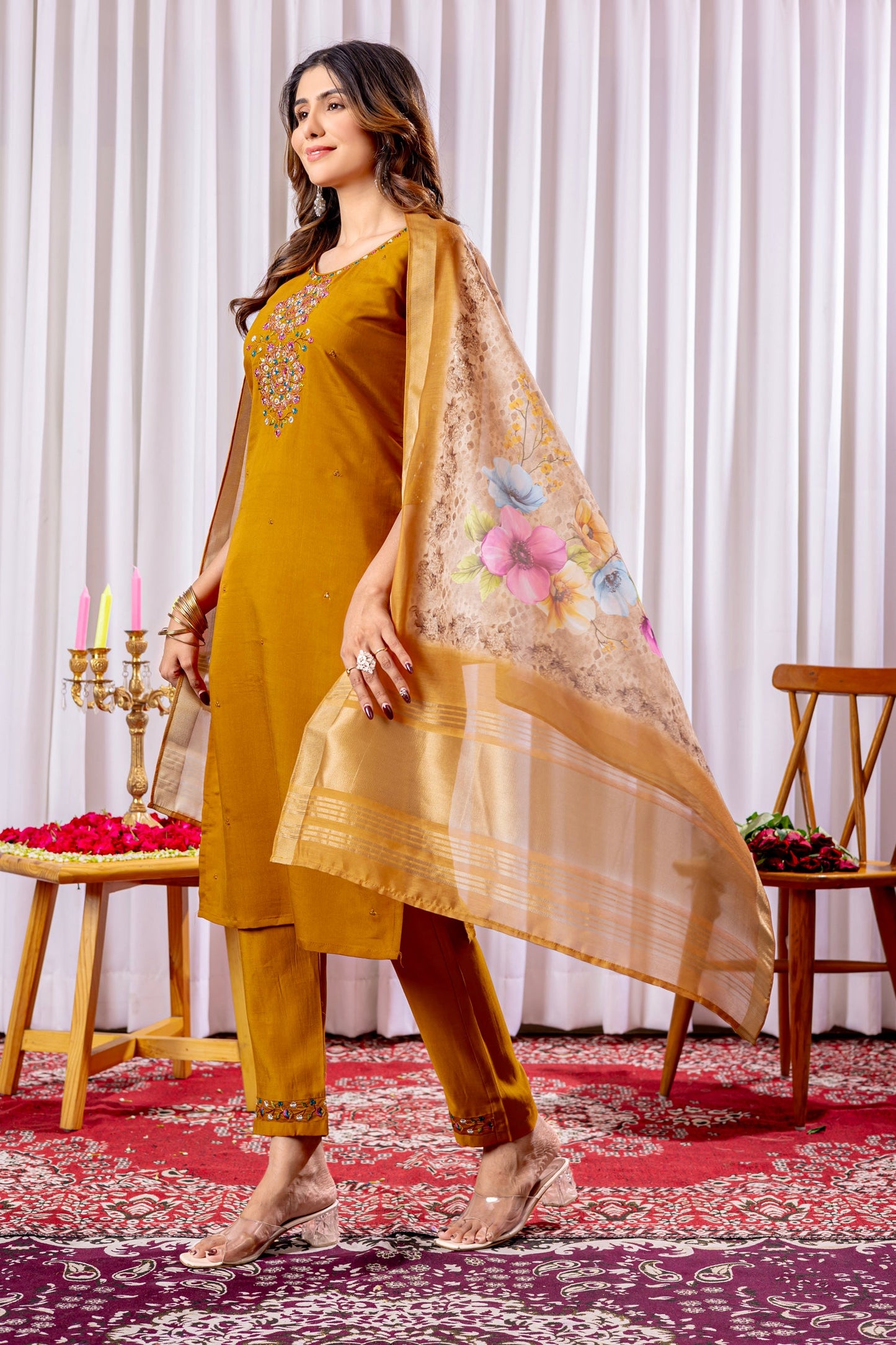 Lorenvalley Fashion Mustard Viscose Silk Embroidery Thread With Hand Work Kurta Pant Dupatta - Swadesiicart