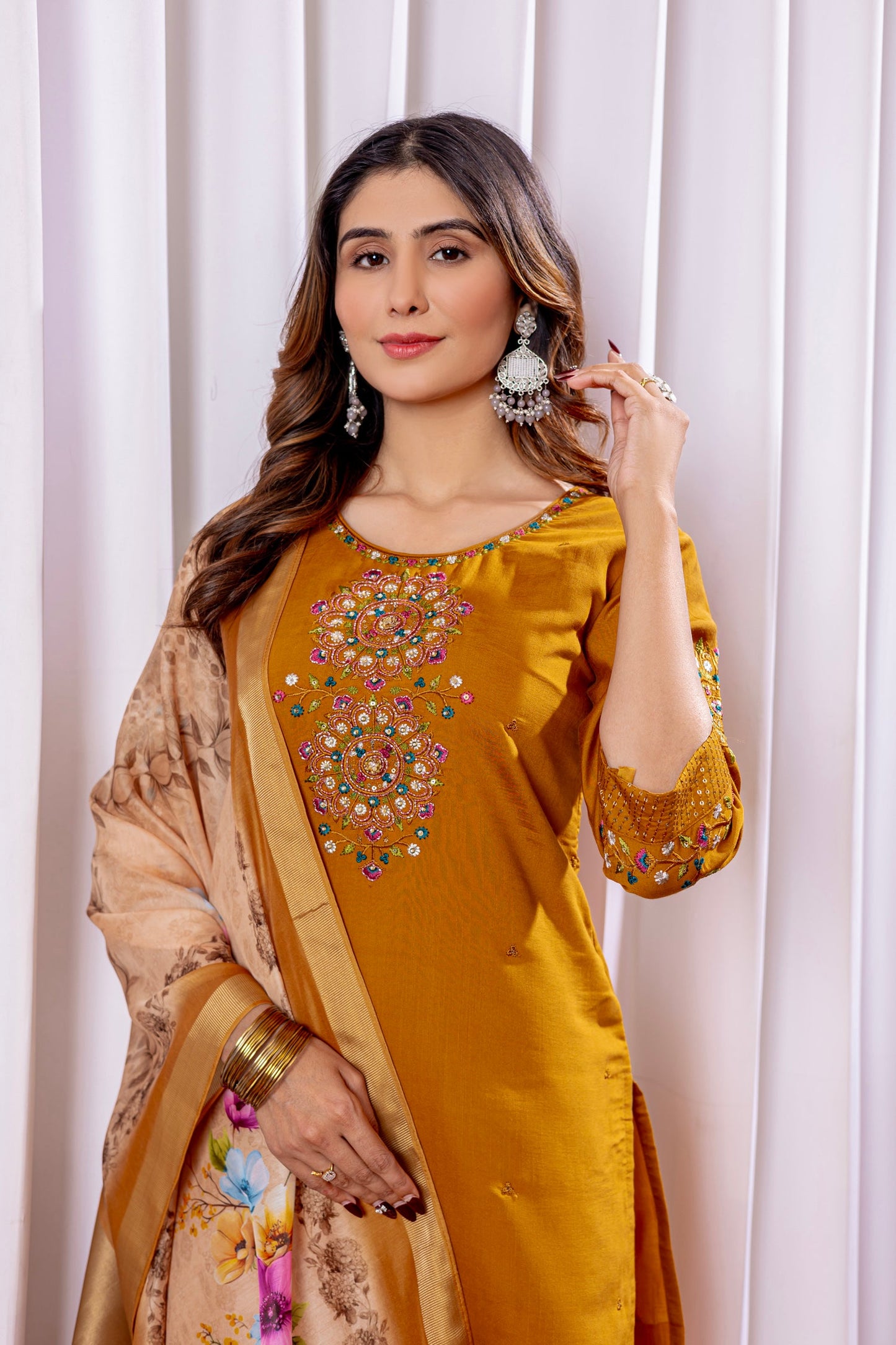 Lorenvalley Fashion Mustard Viscose Silk Embroidery Thread With Hand Work Kurta Pant Dupatta - Swadesiicart