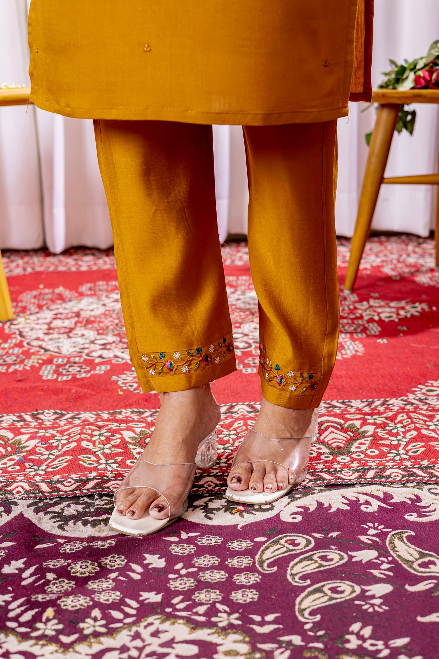 Lorenvalley Fashion Mustard Viscose Silk Embroidery Thread With Hand Work Kurta Pant Dupatta - Swadesiicart