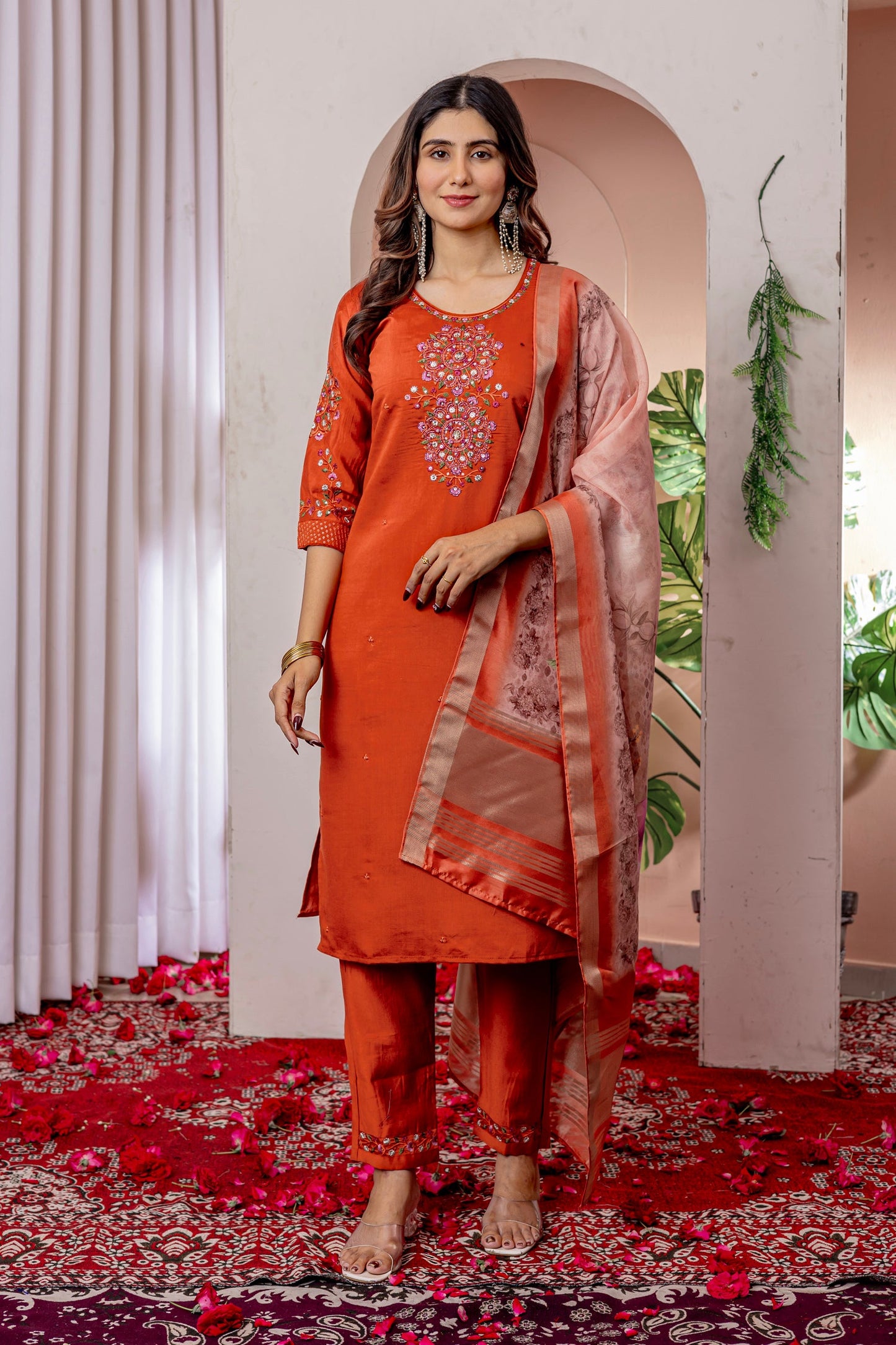 Lorenvalley Fashion Orange Viscose Silk Embroidery Thread With Hand Work Kurta Pant Dupatta - Swadesiicart