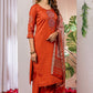 Lorenvalley Fashion Orange Viscose Silk Embroidery Thread With Hand Work Kurta Pant Dupatta - Swadesiicart