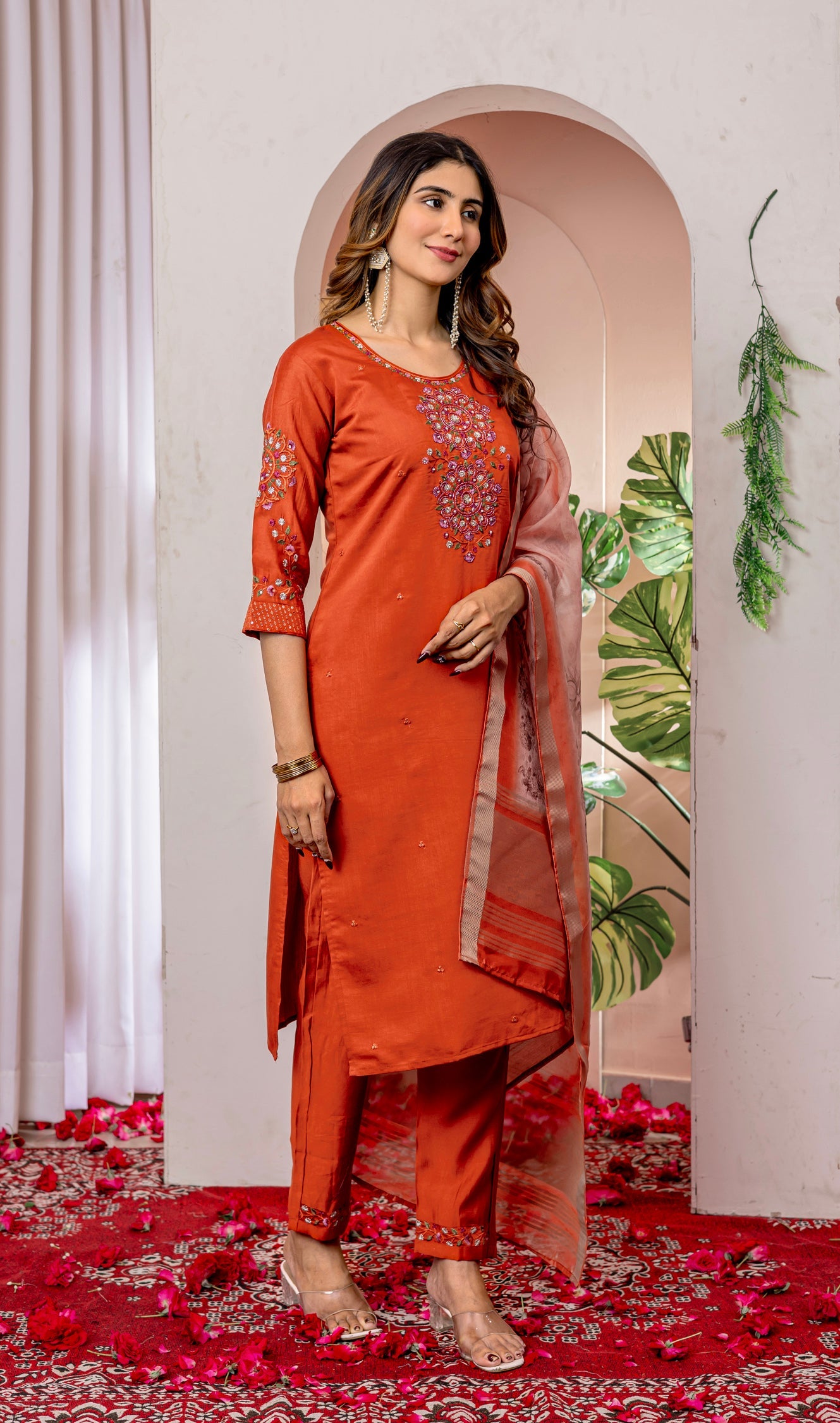 Lorenvalley Fashion Orange Viscose Silk Embroidery Thread With Hand Work Kurta Pant Dupatta - Swadesiicart