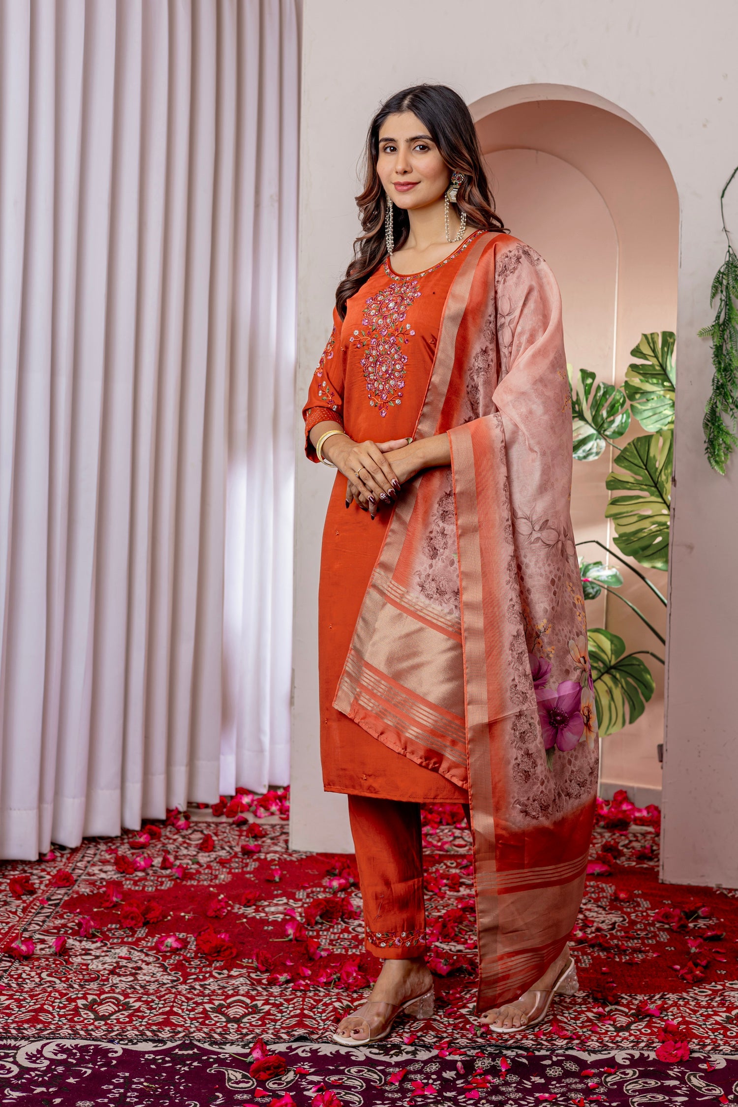 Lorenvalley Fashion Orange Viscose Silk Embroidery Thread With Hand Work Kurta Pant Dupatta - Swadesiicart