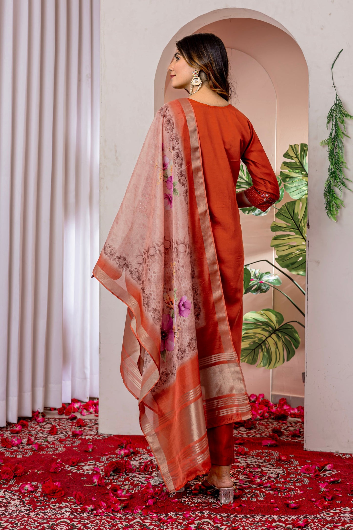 Lorenvalley Fashion Orange Viscose Silk Embroidery Thread With Hand Work Kurta Pant Dupatta - Swadesiicart