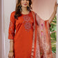Lorenvalley Fashion Orange Viscose Silk Embroidery Thread With Hand Work Kurta Pant Dupatta - Swadesiicart