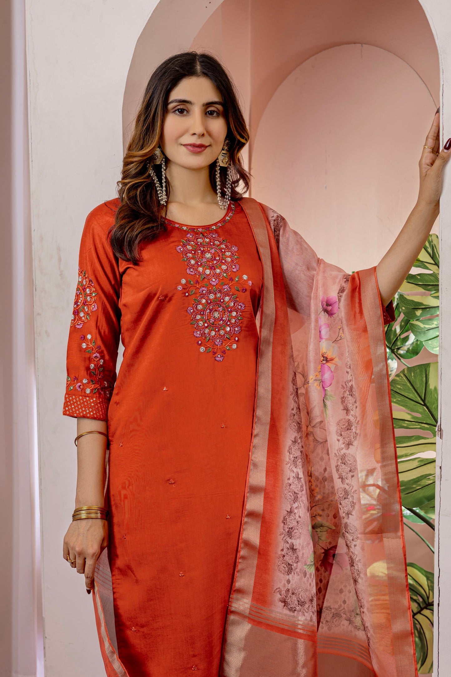 Lorenvalley Fashion Orange Viscose Silk Embroidery Thread With Hand Work Kurta Pant Dupatta - Swadesiicart