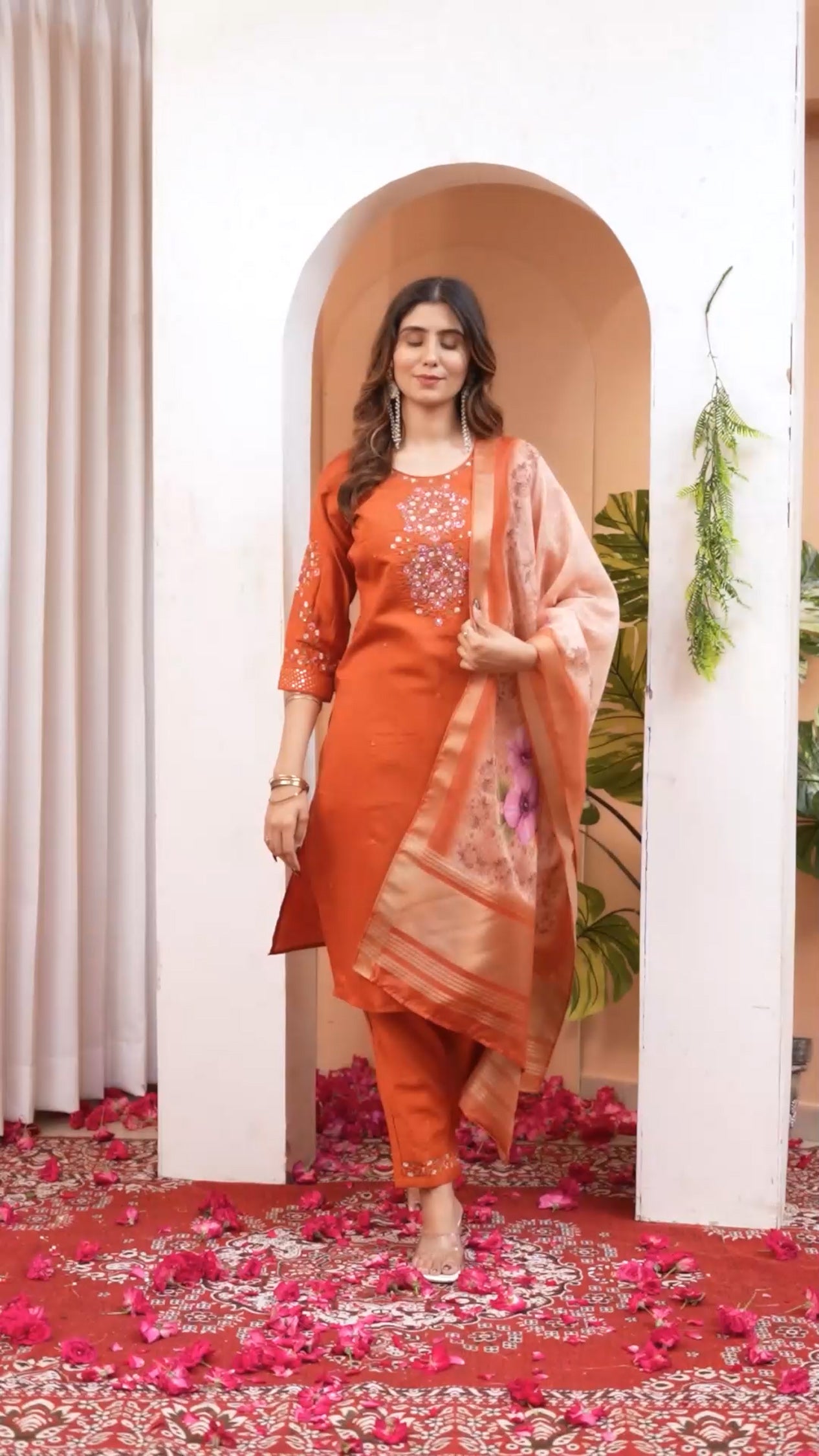 Lorenvalley Fashion Orange Viscose Silk Embroidery Thread With Hand Work Kurta Pant Dupatta - Swadesiicart
