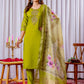 Lorenvalley Fashion Parrotgreen Viscose Silk Embroidery Thread With Hand Work Kurta Pant Dupatta - Swadesiicart