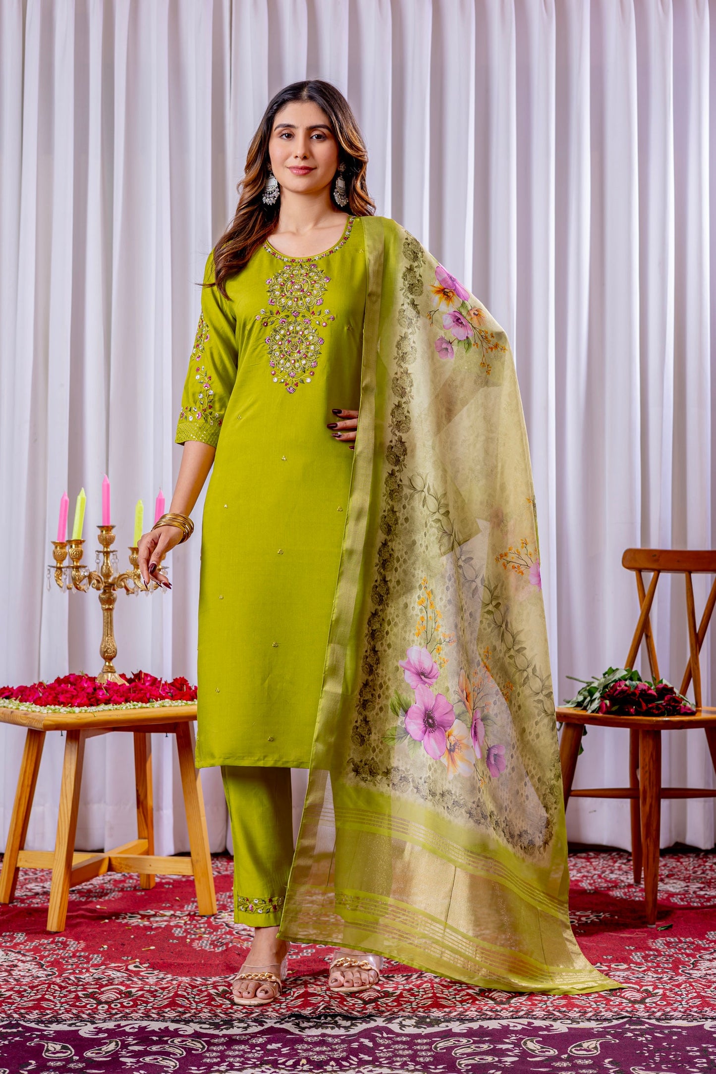 Lorenvalley Fashion Parrotgreen Viscose Silk Embroidery Thread With Hand Work Kurta Pant Dupatta - Swadesiicart