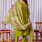 Lorenvalley Fashion Parrotgreen Viscose Silk Embroidery Thread With Hand Work Kurta Pant Dupatta - Swadesiicart