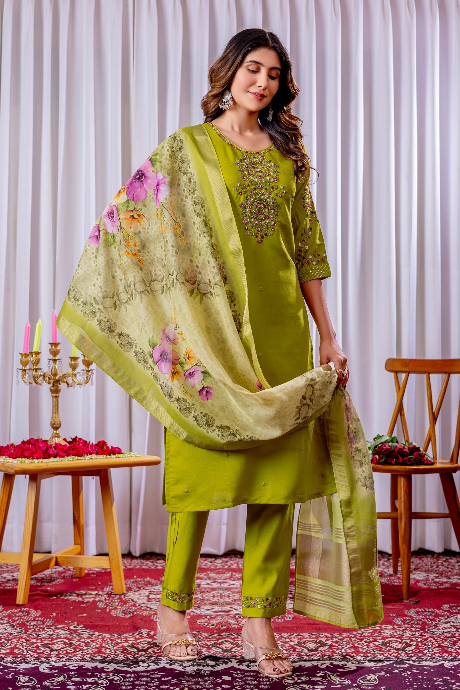 Lorenvalley Fashion Parrotgreen Viscose Silk Embroidery Thread With Hand Work Kurta Pant Dupatta - Swadesiicart