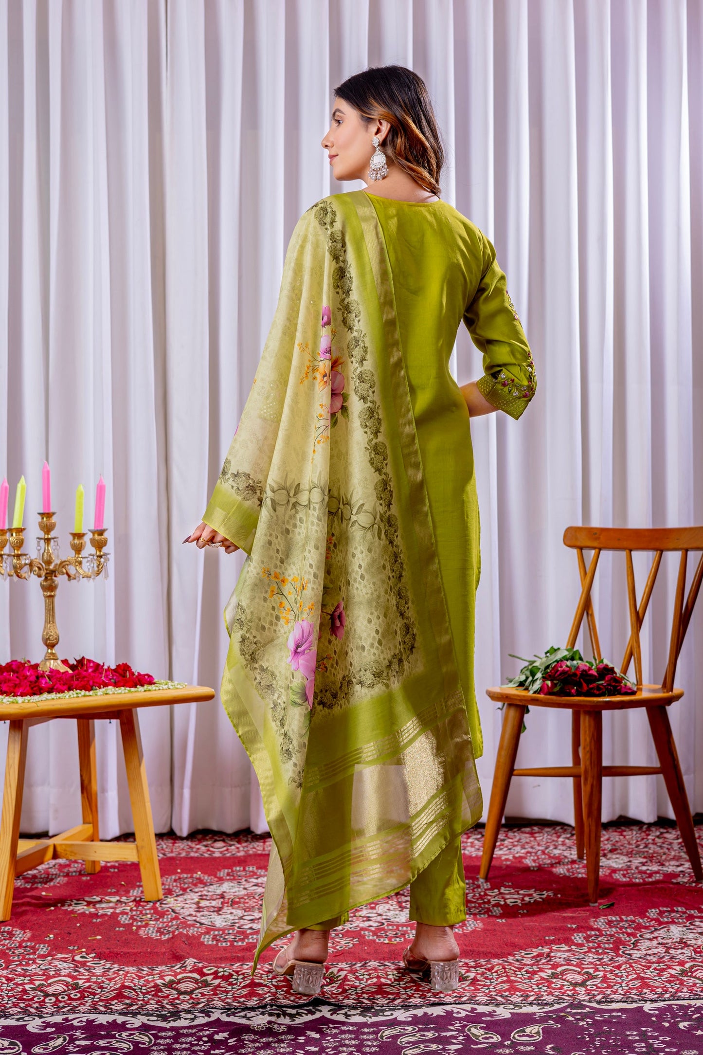 Lorenvalley Fashion Parrotgreen Viscose Silk Embroidery Thread With Hand Work Kurta Pant Dupatta - Swadesiicart