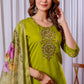 Lorenvalley Fashion Parrotgreen Viscose Silk Embroidery Thread With Hand Work Kurta Pant Dupatta - Swadesiicart