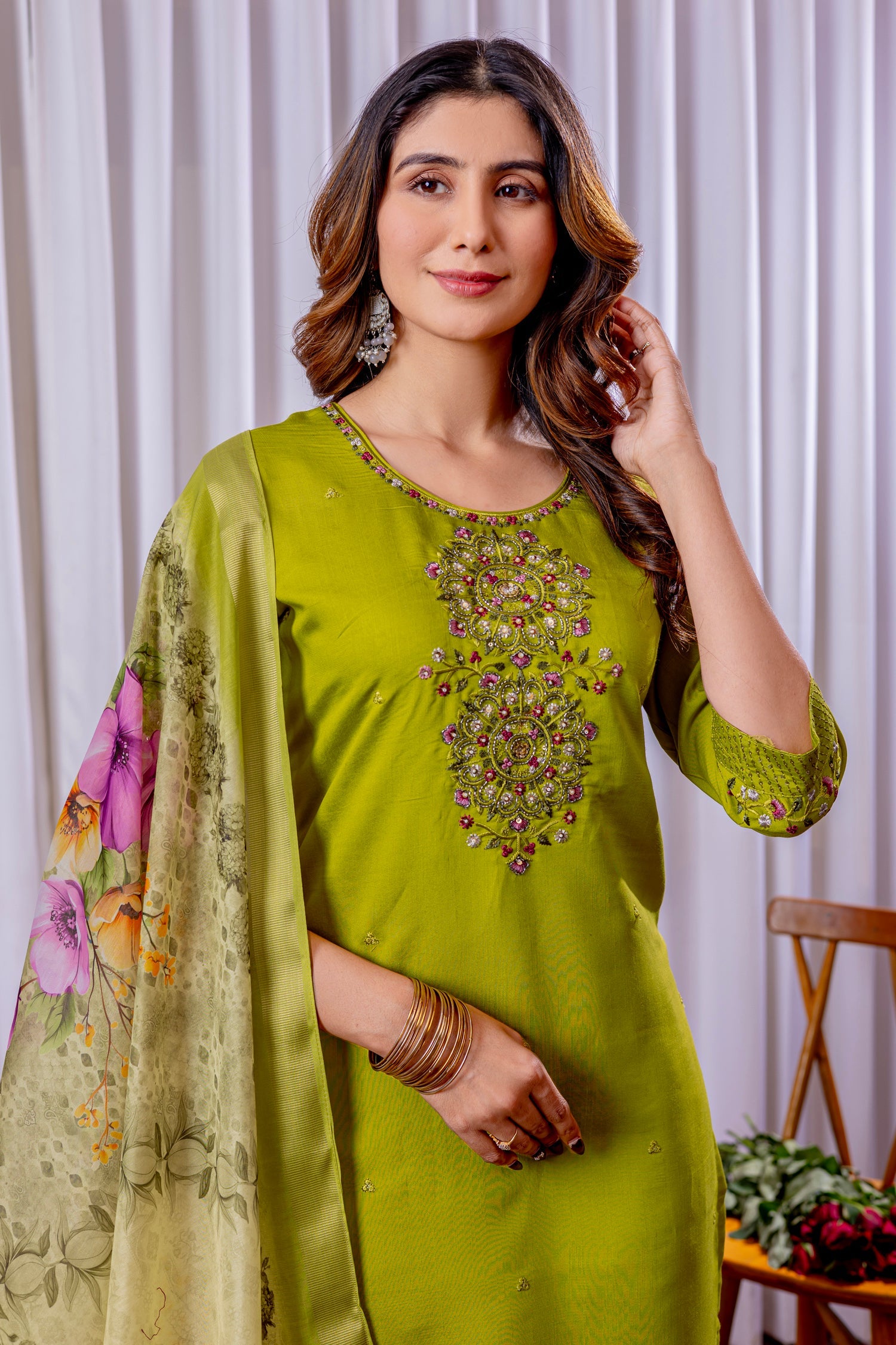 Lorenvalley Fashion Parrotgreen Viscose Silk Embroidery Thread With Hand Work Kurta Pant Dupatta - Swadesiicart