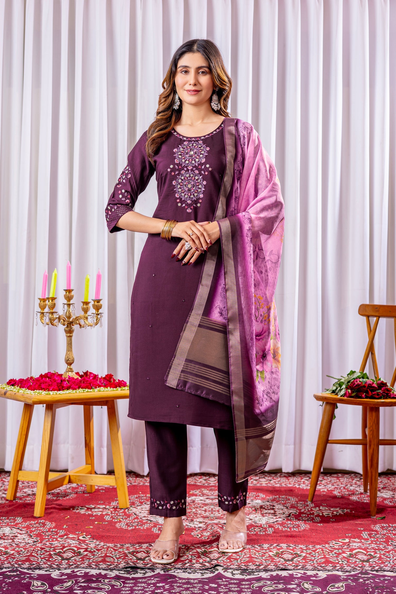 Lorenvalley Fashion Wine Viscose Silk Embroidery Thread With Hand Work Kurta Pant Dupatta - Swadesiicart