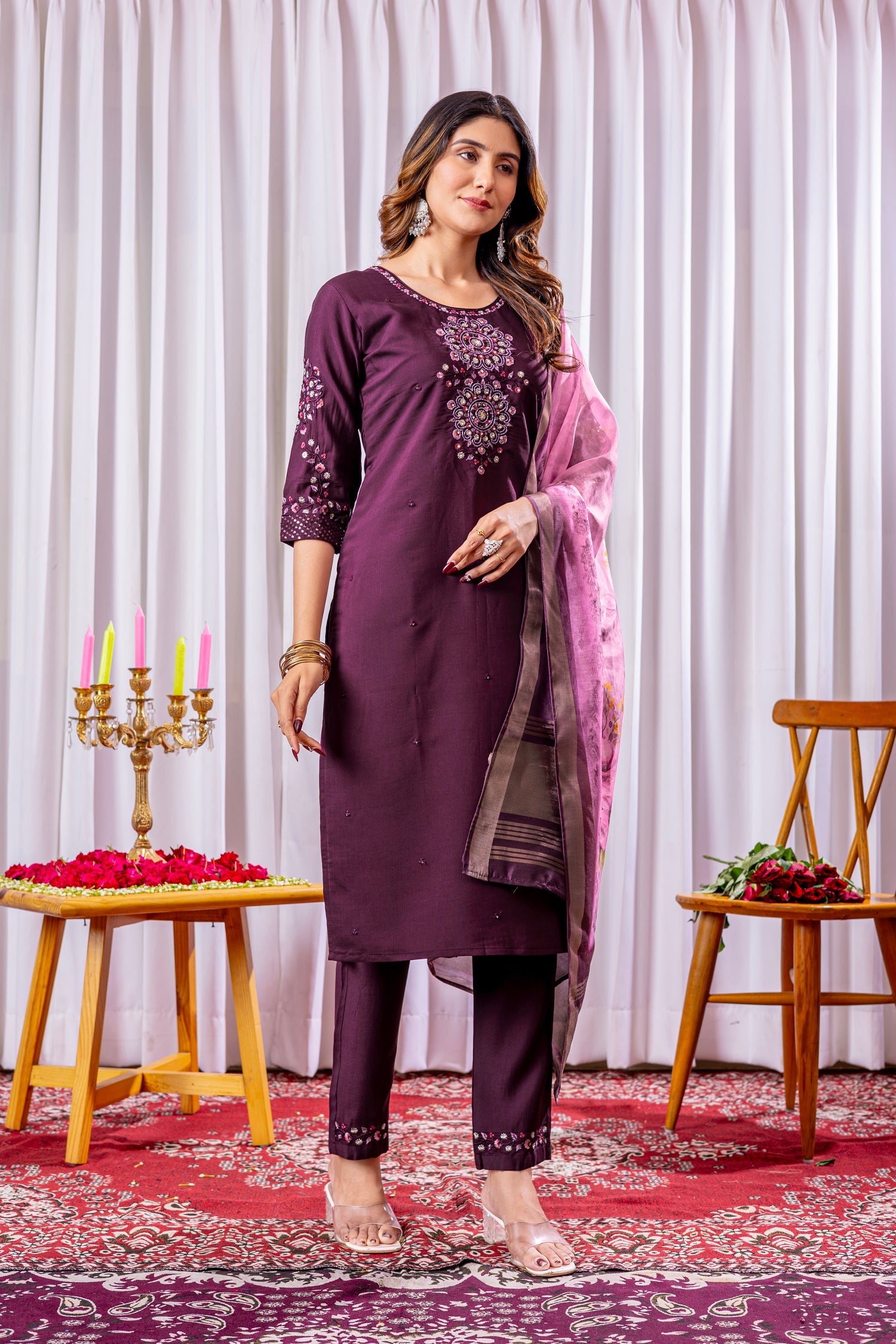 Lorenvalley Fashion Wine Viscose Silk Embroidery Thread With Hand Work Kurta Pant Dupatta - Swadesiicart