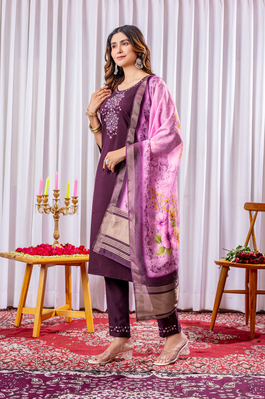 Lorenvalley Fashion Wine Viscose Silk Embroidery Thread With Hand Work Kurta Pant Dupatta - Swadesiicart