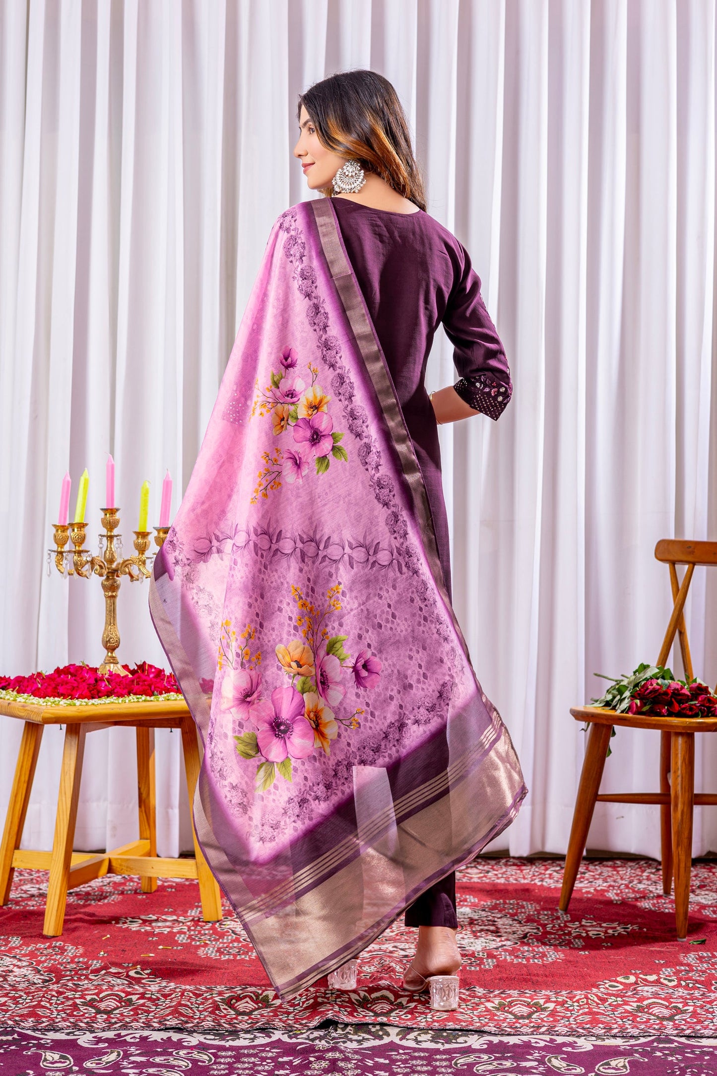 Lorenvalley Fashion Wine Viscose Silk Embroidery Thread With Hand Work Kurta Pant Dupatta - Swadesiicart