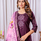Lorenvalley Fashion Wine Viscose Silk Embroidery Thread With Hand Work Kurta Pant Dupatta - Swadesiicart