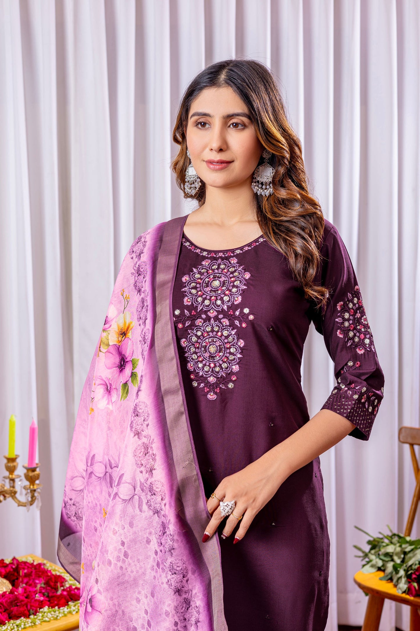 Lorenvalley Fashion Wine Viscose Silk Embroidery Thread With Hand Work Kurta Pant Dupatta - Swadesiicart