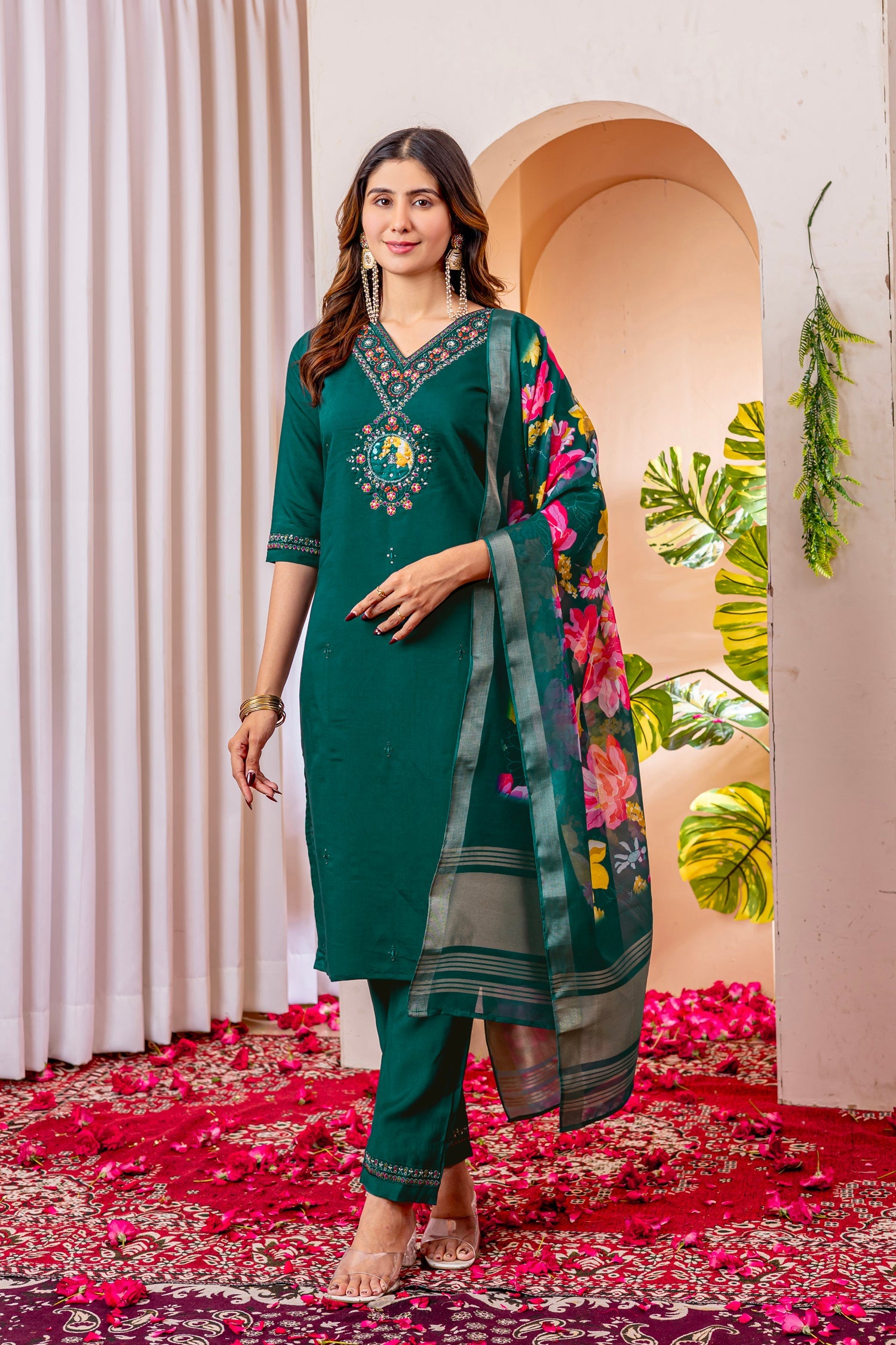 Lorenvalley Fashion Green Marina Viscose Silk Embroidery Thread With Hand Work Kurta Pant Dupatta - Swadesiicart