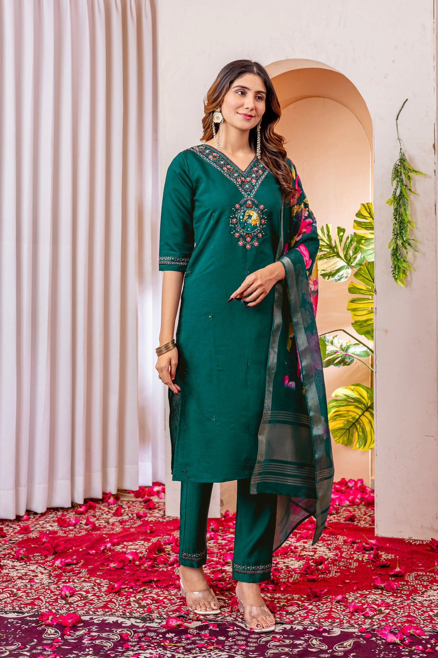 Lorenvalley Fashion Green Marina Viscose Silk Embroidery Thread With Hand Work Kurta Pant Dupatta - Swadesiicart