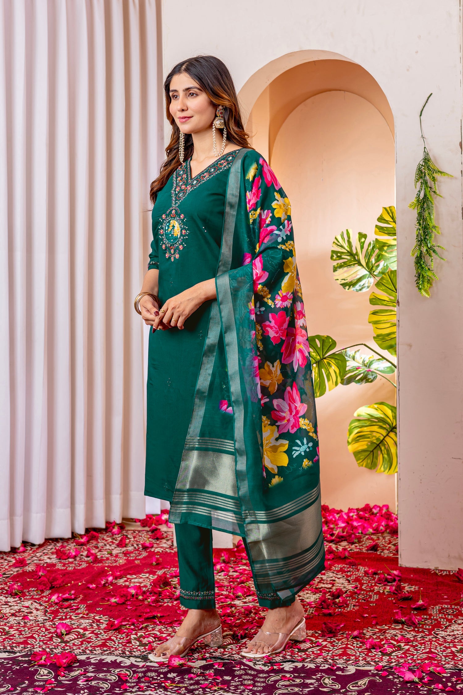 Lorenvalley Fashion Green Marina Viscose Silk Embroidery Thread With Hand Work Kurta Pant Dupatta - Swadesiicart