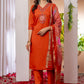 Lorenvalley Fashion Orange Marina Viscose Silk Embroidery Thread With Hand Work Kurta Pant Dupatta - Swadesiicart