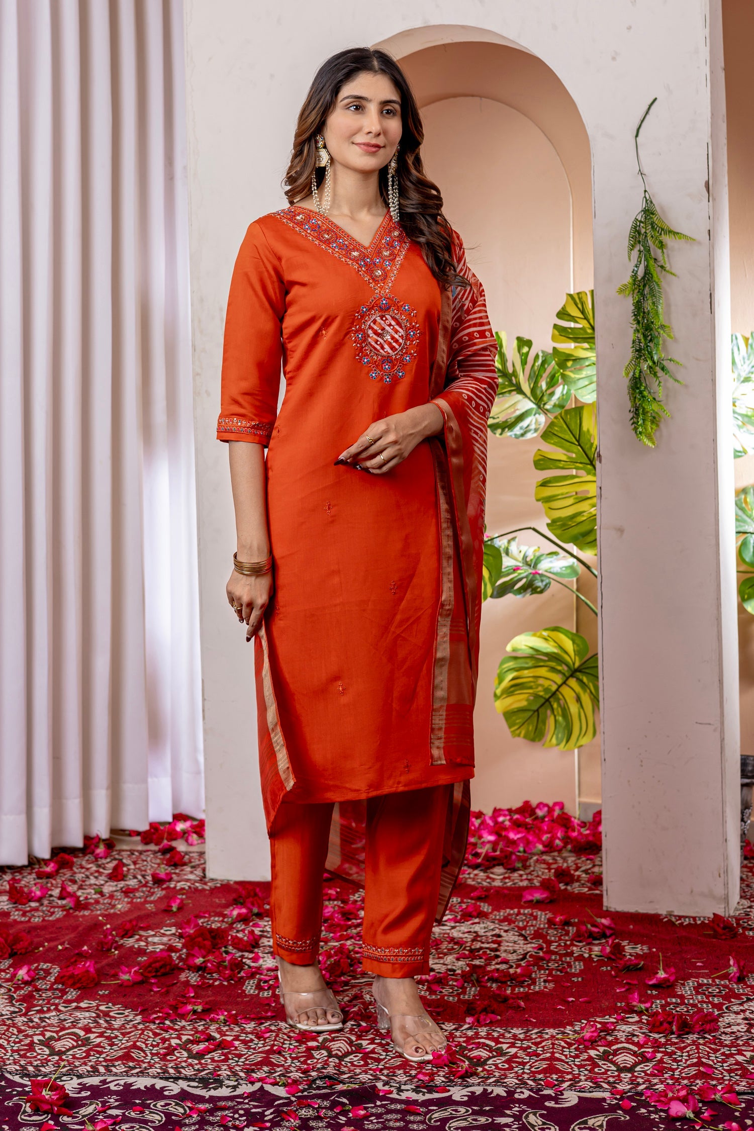 Lorenvalley Fashion Orange Marina Viscose Silk Embroidery Thread With Hand Work Kurta Pant Dupatta - Swadesiicart