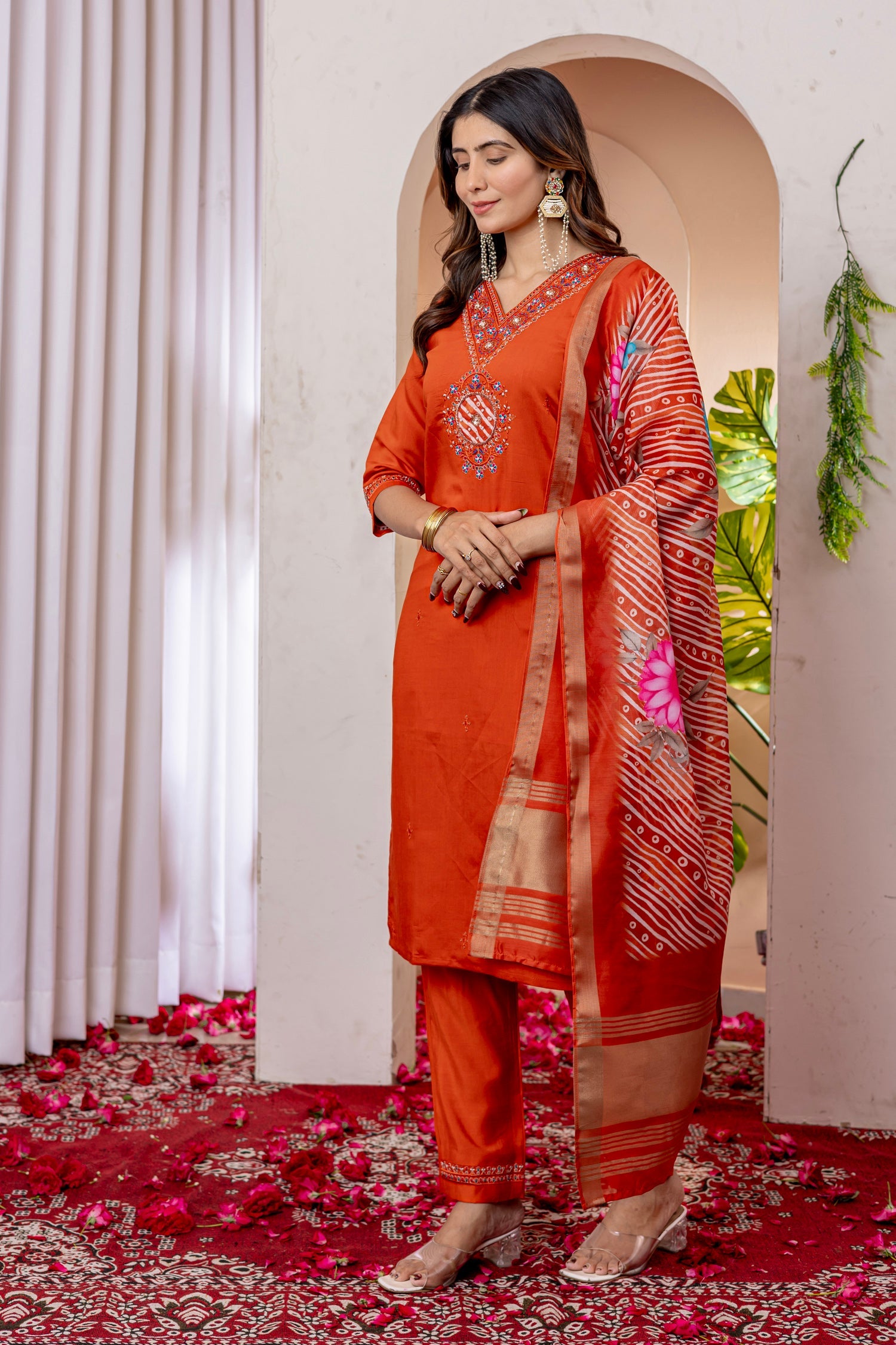 Lorenvalley Fashion Orange Marina Viscose Silk Embroidery Thread With Hand Work Kurta Pant Dupatta - Swadesiicart