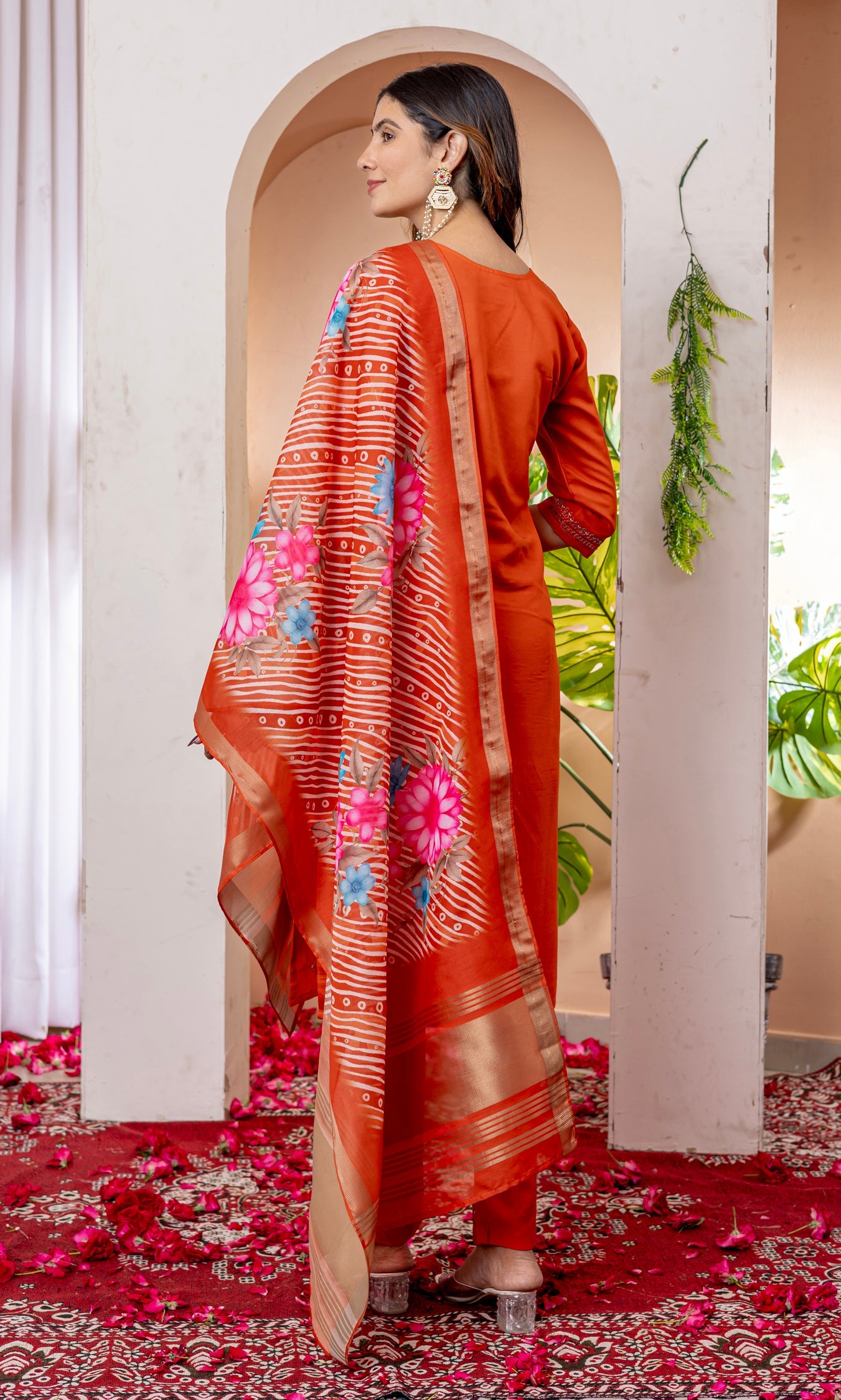 Lorenvalley Fashion Orange Marina Viscose Silk Embroidery Thread With Hand Work Kurta Pant Dupatta - Swadesiicart