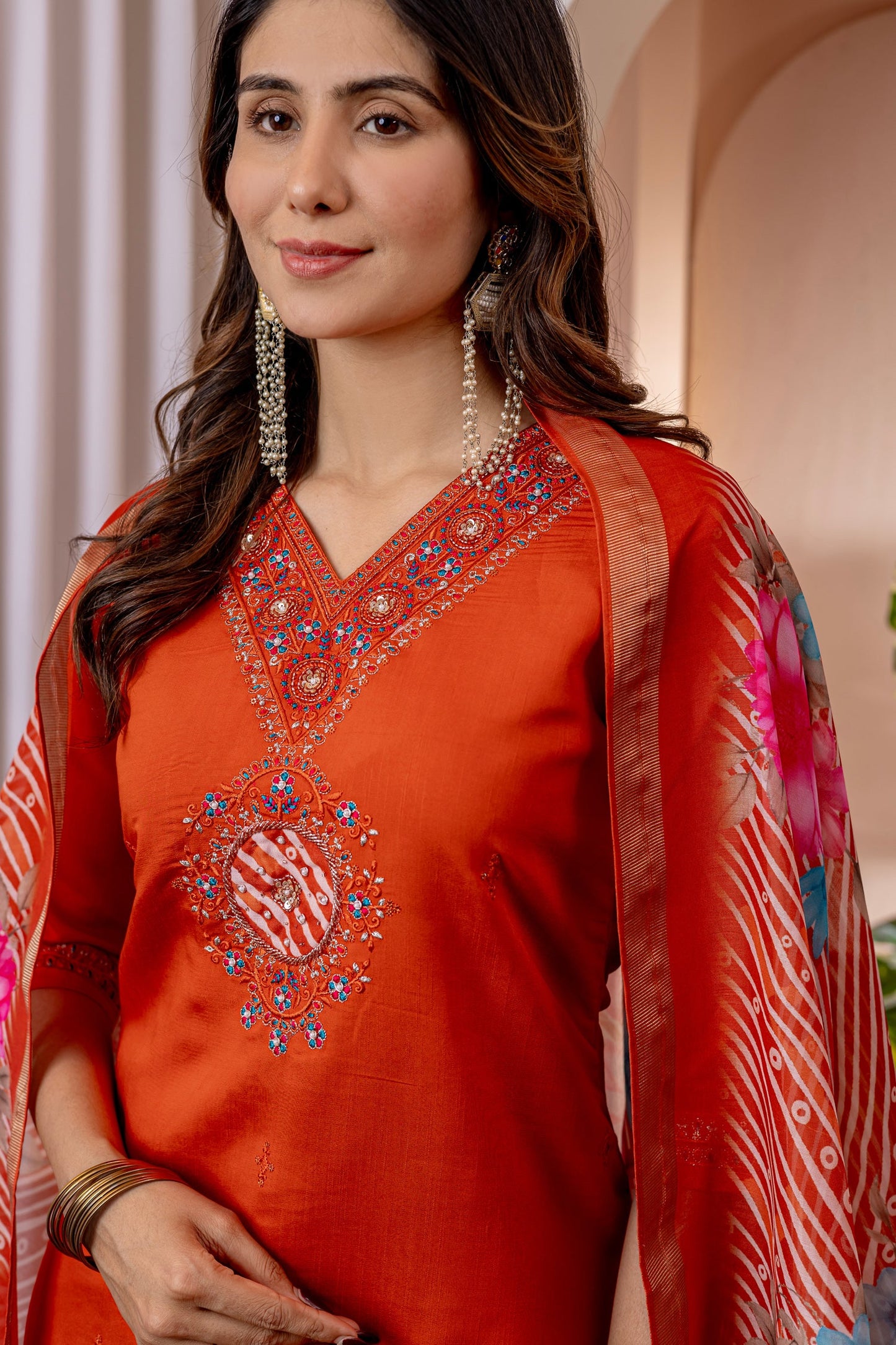 Lorenvalley Fashion Orange Marina Viscose Silk Embroidery Thread With Hand Work Kurta Pant Dupatta - Swadesiicart