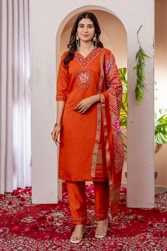Lorenvalley Fashion Orange Marina Viscose Silk Embroidery Thread With Hand Work Kurta Pant Dupatta - Swadesiicart