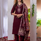 Lorenvalley Fashion Wine Marina Viscose Silk Embroidery Thread With Hand Work Kurta Pant Dupatta - Swadesiicart