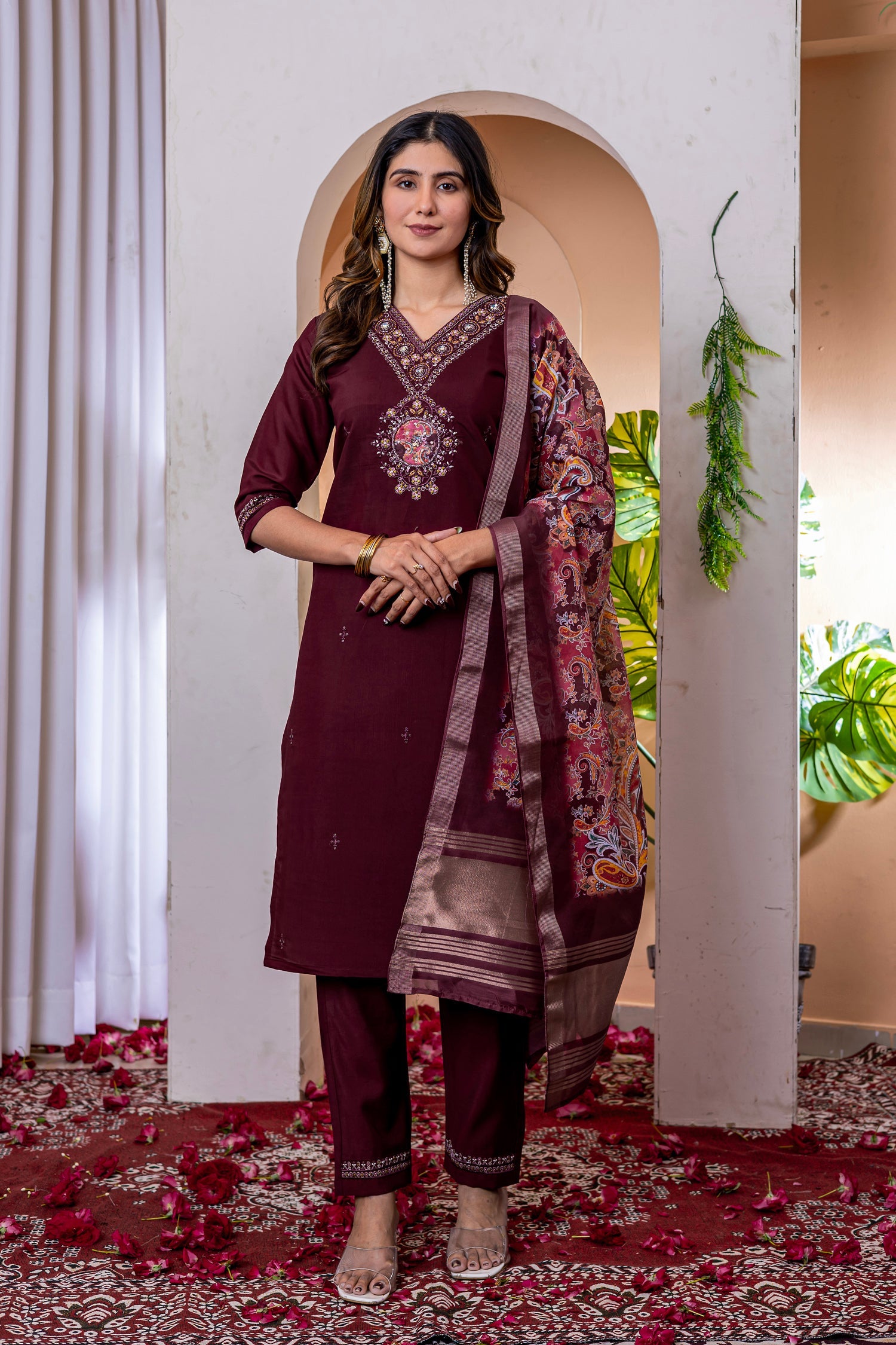 Lorenvalley Fashion Wine Marina Viscose Silk Embroidery Thread With Hand Work Kurta Pant Dupatta - Swadesiicart