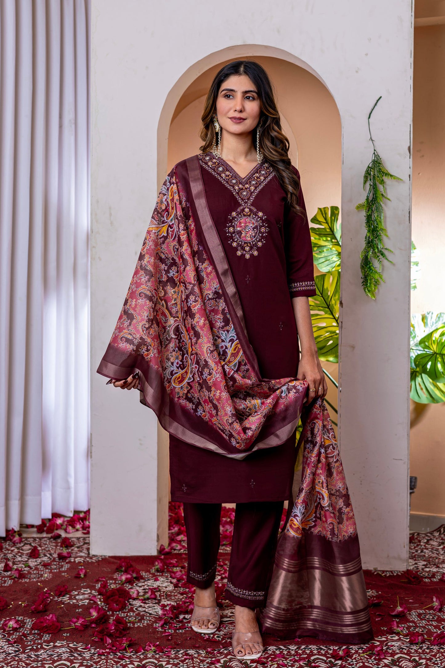 Lorenvalley Fashion Wine Marina Viscose Silk Embroidery Thread With Hand Work Kurta Pant Dupatta - Swadesiicart