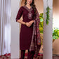 Lorenvalley Fashion Wine Marina Viscose Silk Embroidery Thread With Hand Work Kurta Pant Dupatta - Swadesiicart