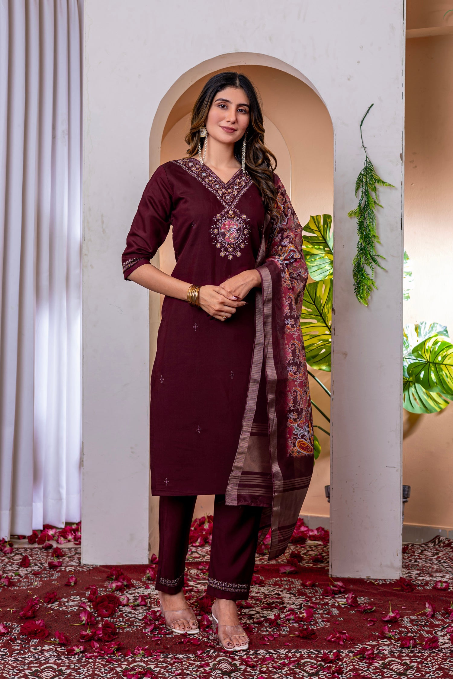 Lorenvalley Fashion Wine Marina Viscose Silk Embroidery Thread With Hand Work Kurta Pant Dupatta - Swadesiicart
