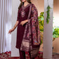 Lorenvalley Fashion Wine Marina Viscose Silk Embroidery Thread With Hand Work Kurta Pant Dupatta - Swadesiicart