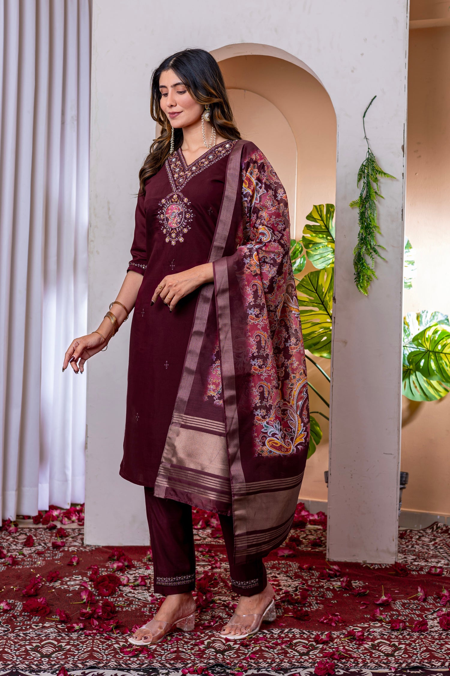 Lorenvalley Fashion Wine Marina Viscose Silk Embroidery Thread With Hand Work Kurta Pant Dupatta - Swadesiicart