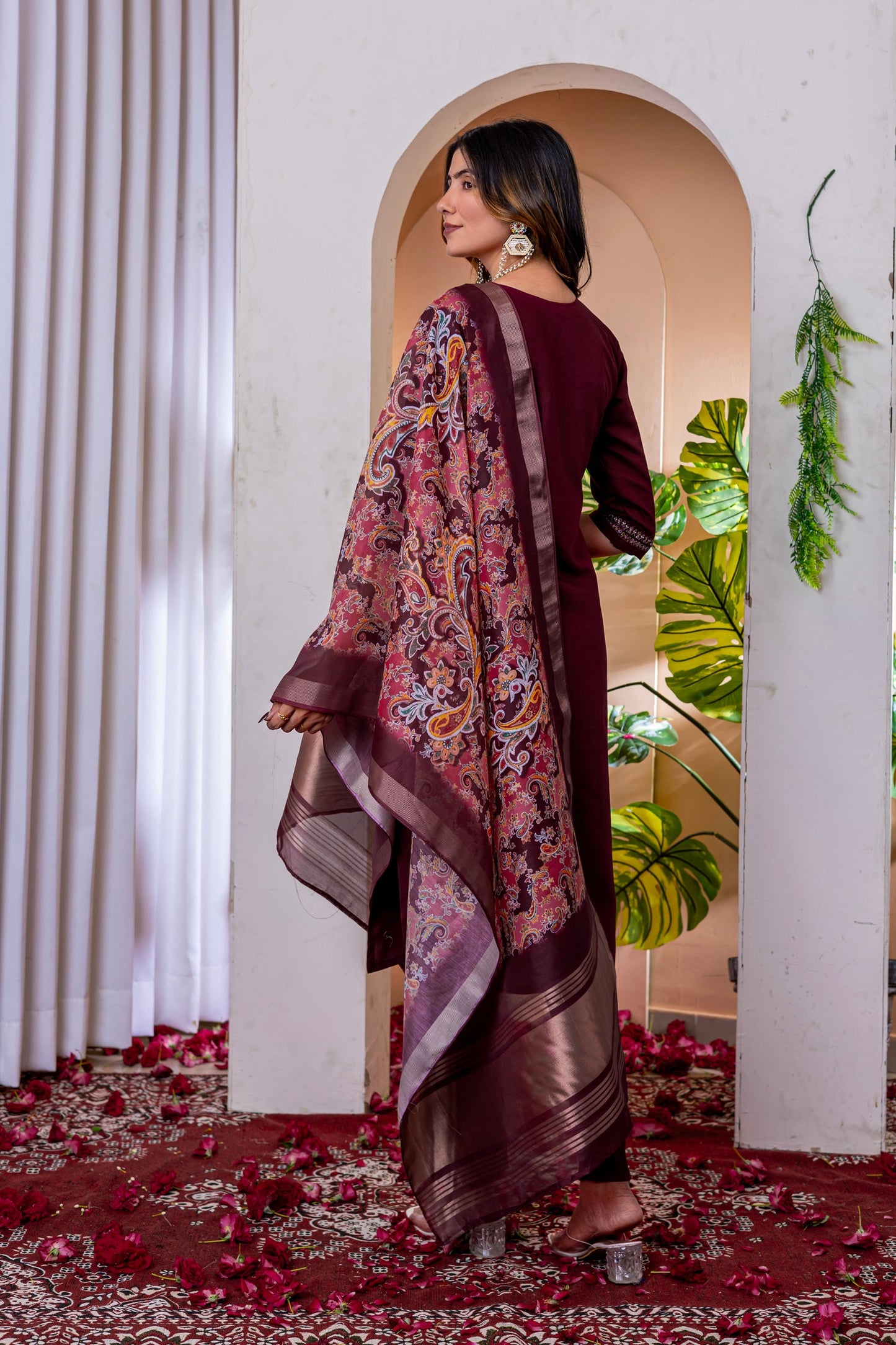 Lorenvalley Fashion Wine Marina Viscose Silk Embroidery Thread With Hand Work Kurta Pant Dupatta - Swadesiicart