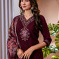 Lorenvalley Fashion Wine Marina Viscose Silk Embroidery Thread With Hand Work Kurta Pant Dupatta - Swadesiicart